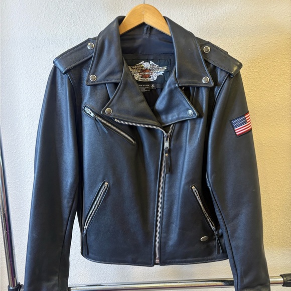 Harley-Davidson Jackets & Blazers - Harley-Davidson Black Leather Jacket with Flag Patch